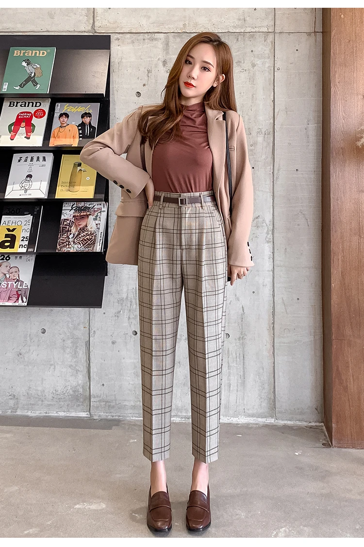 JUJULAND Stretchy Plaid Pencil Pants Women Casual Autumn Women Trousers Elastic Waist Tweed Slant Elegant 7232