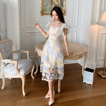 

YAMDI spring summer dress 2020 luxury runway a-line elegant vintage party dresses women short sleeve boho embroidery lace ruffle