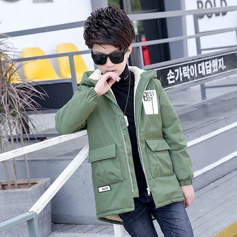 Army green Зимнее пальто для мальчиков с бархатным плащом Chung Tong, длинное стеганое зимнее пуховое пальто для детей - Цвет: Army green