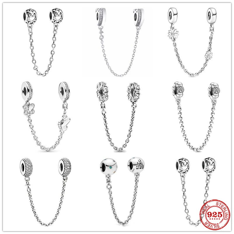 Jewelry Bracelet Pendant Charm-Bead Flower Safety-Chain DIY Silver Women Original Pandora
