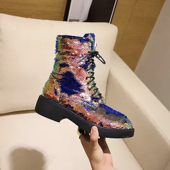 

New Sequined cloth Ankle Boots Women med heels Short Boots Lace Up Round Toe bling Shoes Lady party dress shoes Size 34-43