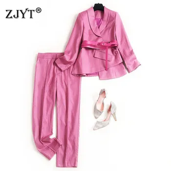 

2020 Spring New Office Lady Two Piece Outfits Women Fashion Long Sleeve Striped Belted Blazer Suit Pants Matching Set
