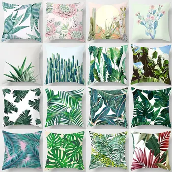 

European Style Pillow Cover Polyester Throw Pillow Case Sofa Car Waist Cushion Cover Green Grass Tropical plant Pillow Case