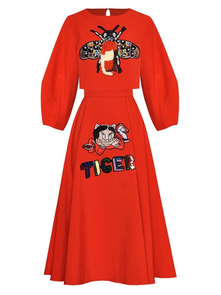 MoaaYina, модный дизайнерский костюм, весна-осень, для женщин, с рукавом-фонариком, с вышивкой насекомых, с блестками, Короткие Топы+ юбка, комплект из двух предметов