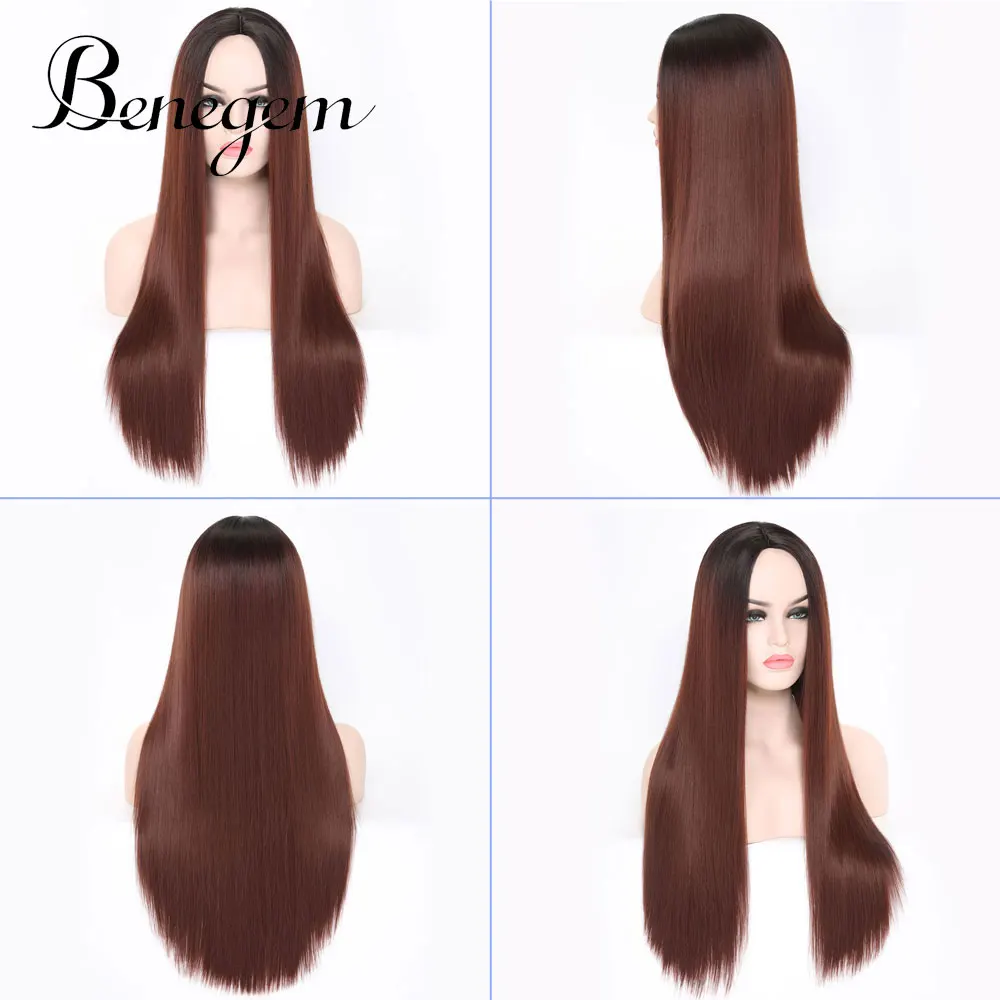 Benegem 24 inch Long Black Wig Synthetic Straight Women Wig Middle Part Non-Lace Cosplay Wigs for Party Costume 60 cm