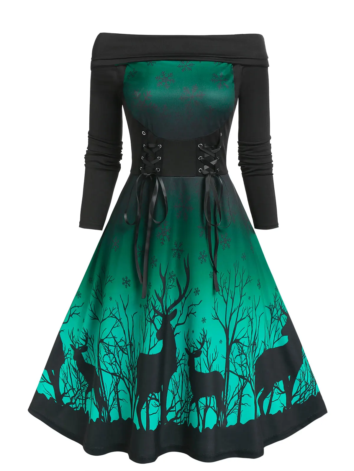 Christmas Snowflake Elk Print Lace Up Dress Fashion Open Shoulder Color Knee-Length Long Sleeve Winter Dresses | Женская одежда