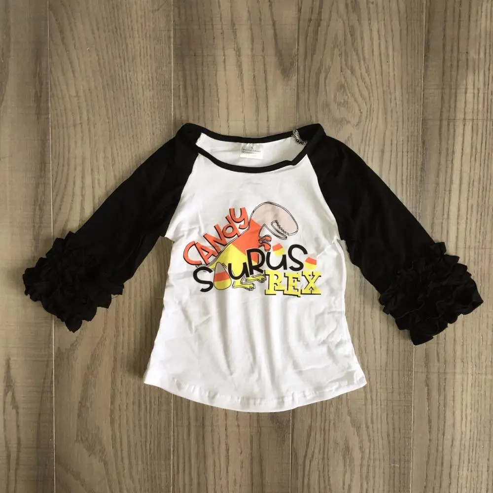 Girlymax Fall Halloween black dinosaur corn candy cotton top icing sleeve t-shirt baby girls raglans boutique kidswear | Мать и ребенок