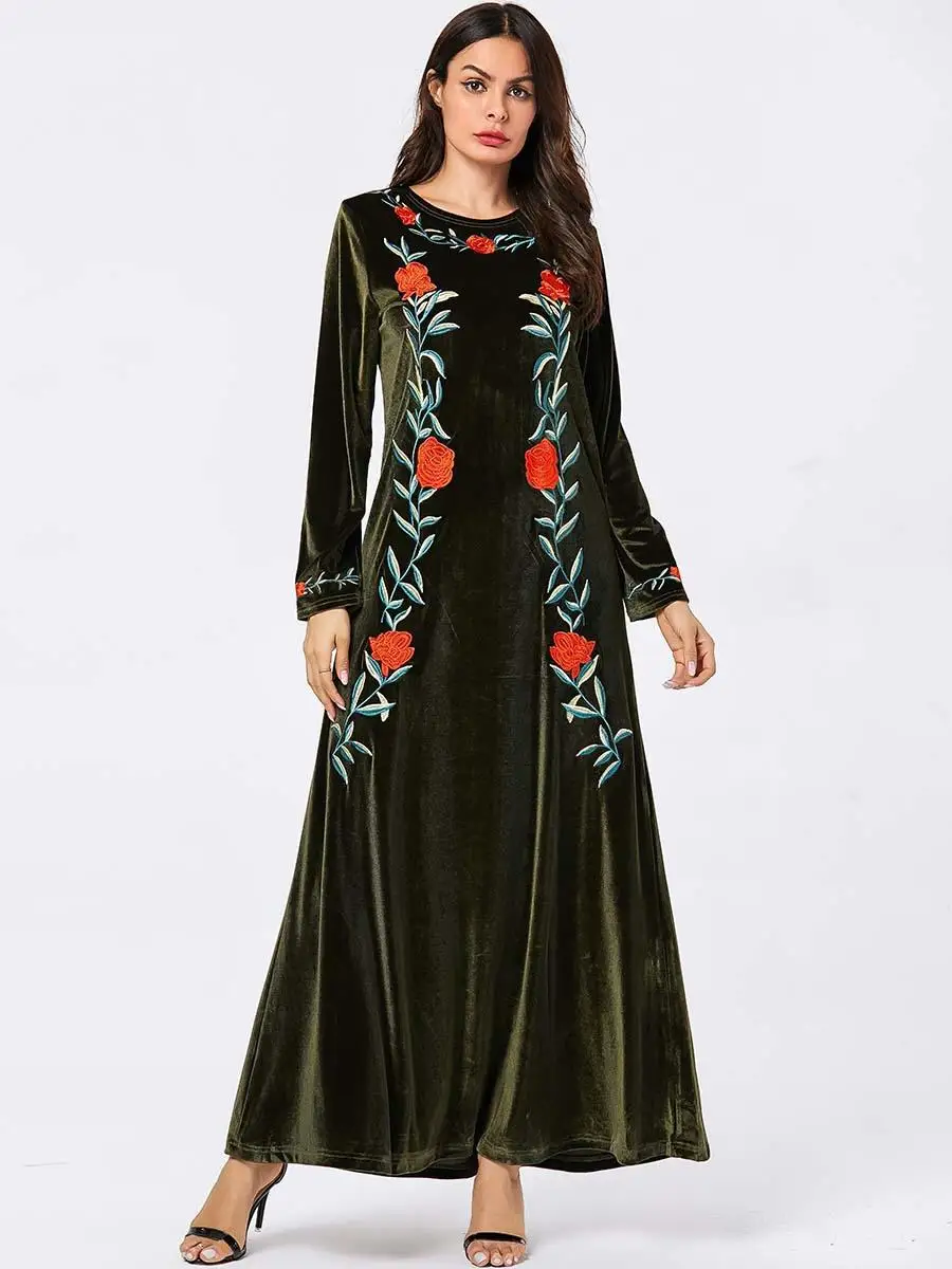 Винтажная Абая, для мусульман, женское платье, бархатное, зимнее, теплое, с вышивкой, кафтан, повседневное, свободное, jilбаб, ислам, платье из