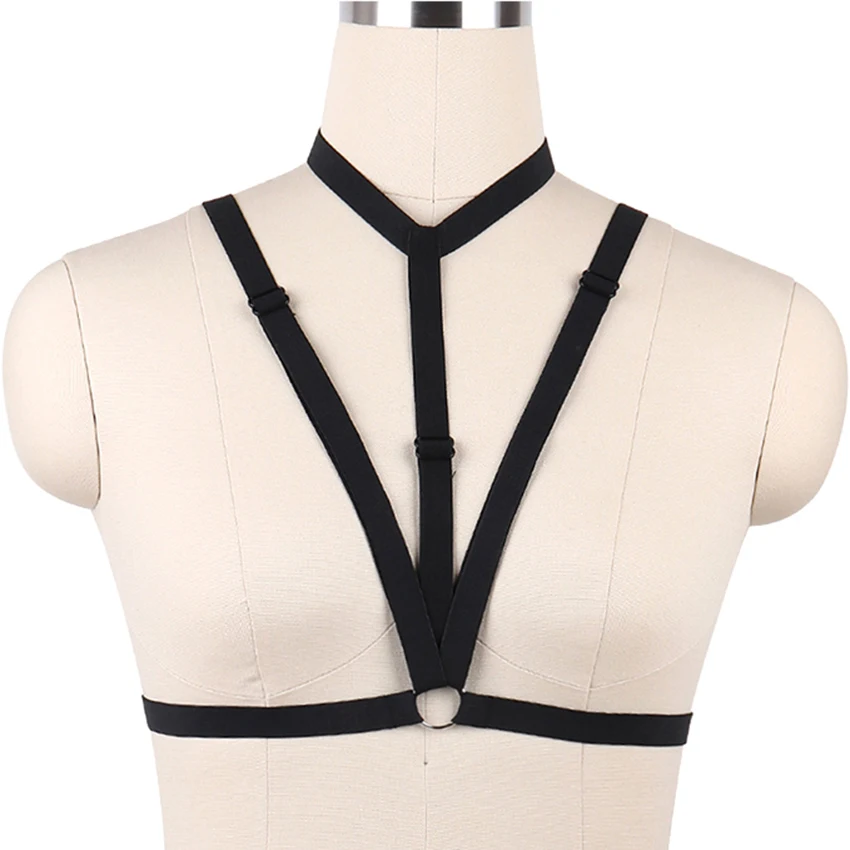 Pastel Goth Body Harness Open Chest Cage Bra Punk Rave Black Bondage Sexy Lingerie Belt Elastic Adjustable Woman Body Cage