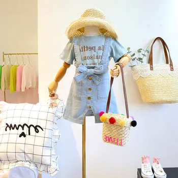 

2PCS WLG Girls Clothing Set Kids Summer Blue Letter Printed T Shirt and Denim Blue Overall Set Baby Girl Casual Clothes for 3-7T