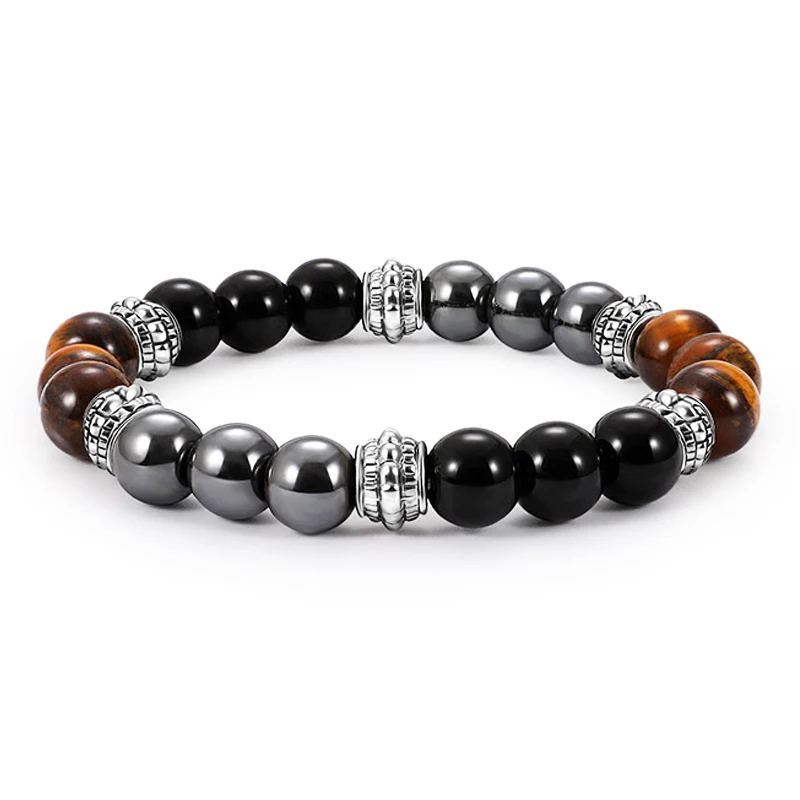Double Hematite & Tiger Eye Stone Bracelet - Natural Energy Beads, Adjustable Unisex
