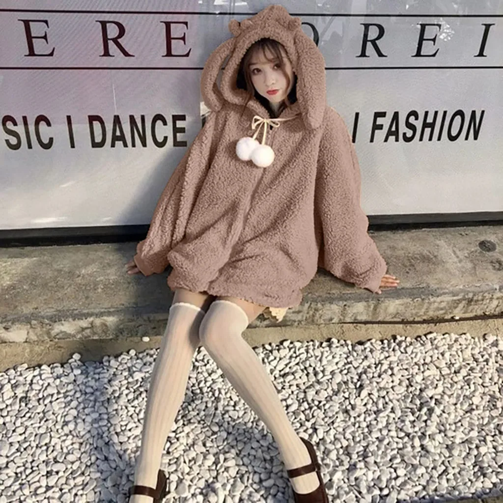 JAYCOSIN Women's Winter Jacket Solid Color Hooded Rabbit Ear Cute Jacket Loose Casual Fashion Coat Autumn Winter Hot Sale