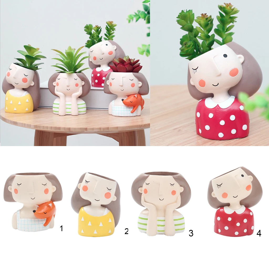 4x Girl Mini Flower Pot Cacti Succulent Plant Pot Garden Planter DIY Decor Cute Resin Flower Pots for Cactus Decorative Candles