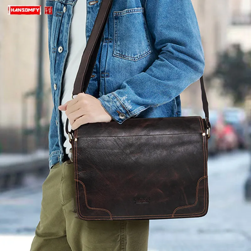 

Crazy Horse Leather Men's Shoulder Crossbody Bag business genuine leather male handbag Vintage Leather 13" laptop Briefcase