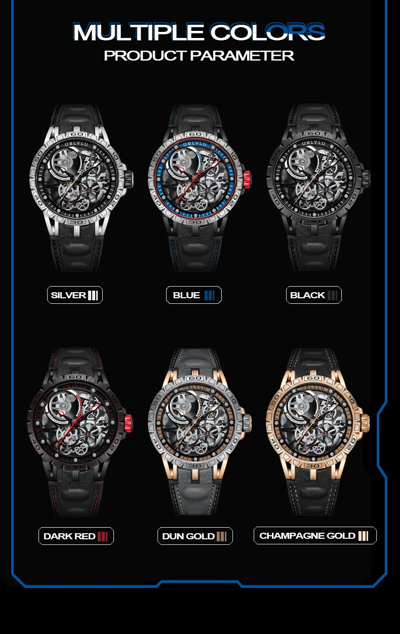 OBLVLO Designer Skeleton Sport Automatic Mechanical Watch For Men Rubber Strap Sapphire Shockproof Waterproof Diameter 47mm LM