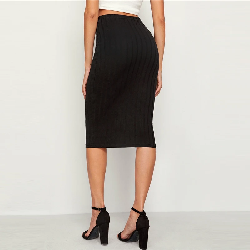 SweatyRocks черная юбка-карандаш с эластичной резинкой на талии в рубчик, одежда для активного отдыха, обтягивающие однотонные Юбки миди, женские элегантные юбки с высокой талией