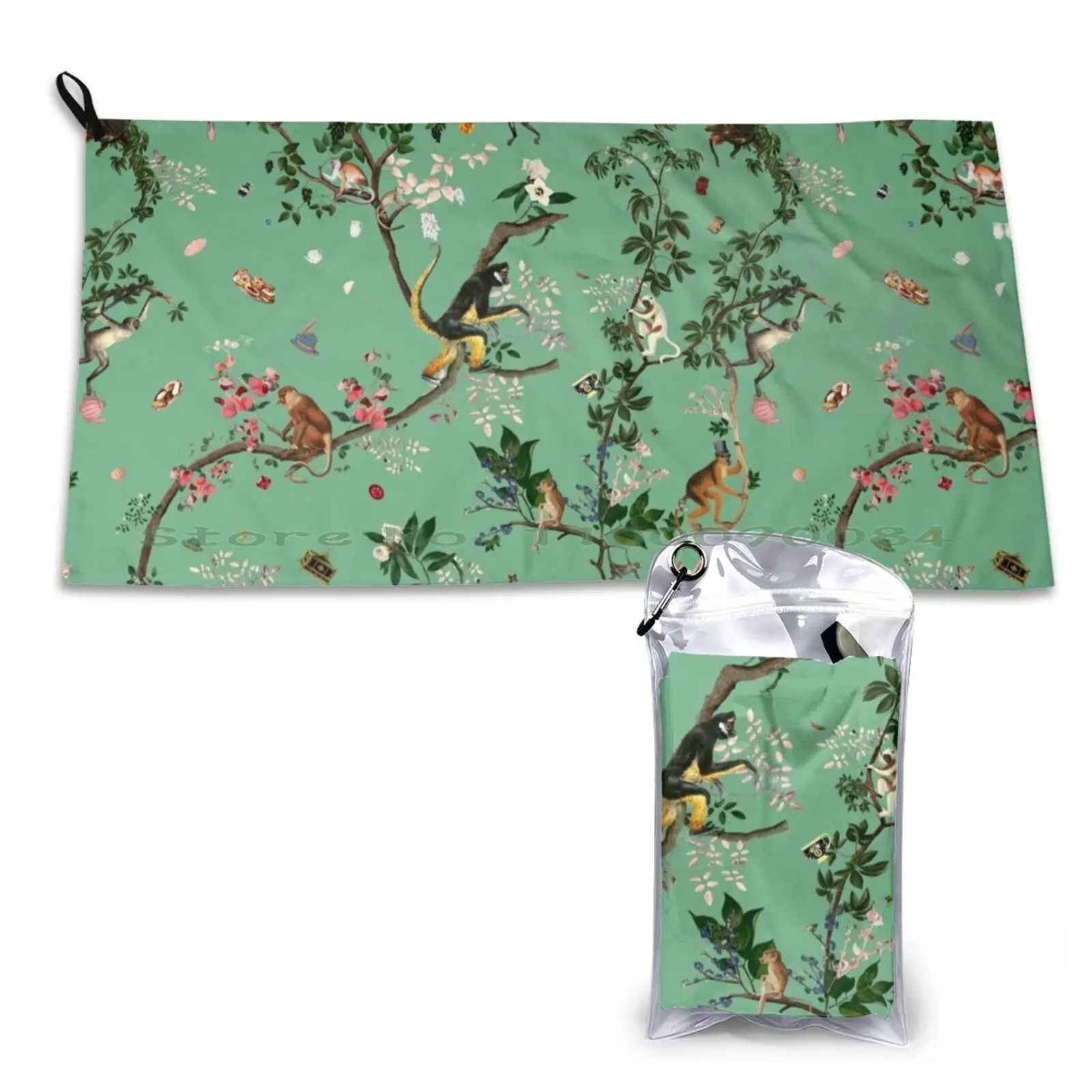 Monkey World Green Quick Dry Towel Gym Sports Bath Portable Monkey Flower Plant Nature Floral Exotic Tropical Jungle Black