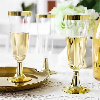 

5.5 OZ 150ml Plastic Gold Rimmed Champagne Flutes Transparent Wedding Cups Heavy Duty Fancy Party Glass Drinking Utensils 6pcs