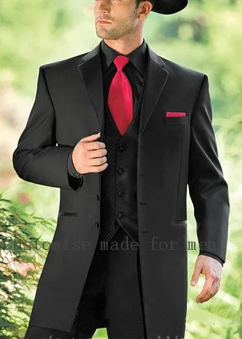 Four Buttons Black Notch Lapel Red Tie Costume Made Fashion Handsome Men Suits Jacket Men Suit 3 Pieces High Quality Slim Fit - Цвет: Black