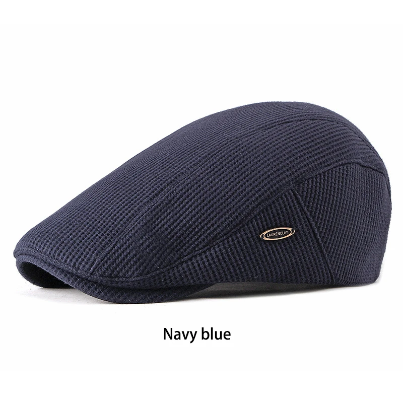 Autumn Winter knitted Men Beret Hat Brand Quality Flatcap Ivy Vintage Newsboy Cap Mens Beanie With Visor - Цвет: Navy Blue