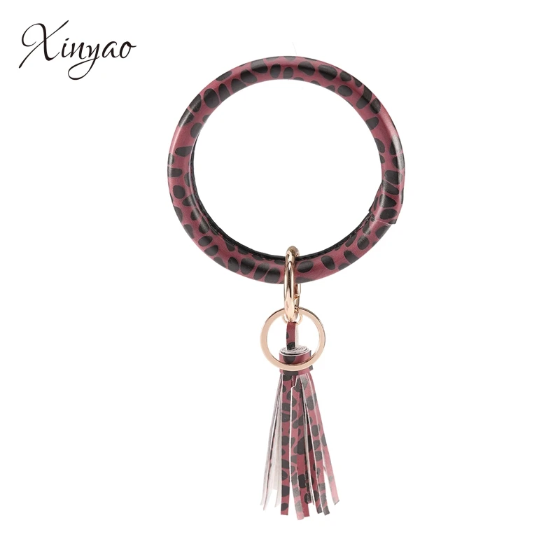 rose red color Многоцветная цепочка для ключей из искусственной кожи с круглым вырезом на заказ, браслет-браслет с кисточкой, брелок для женщин и девушек, массивное ювелирное изделие - Цвет: rose red color
