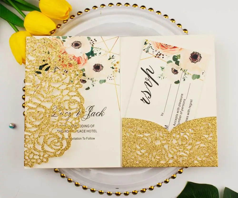 50X Роскошные блестящие золотые свадебные приглашения конверт персонализированные вставки Роза лазерная резка карман складной пригласите