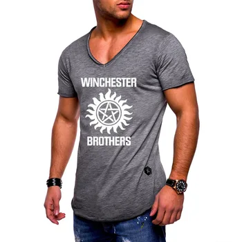 

New 2020 Summer Men's short sleeve for Winchester Car Logo casual Cotton Slim fit V-neck Short Sleeve Solid color Mens T-Shirt H