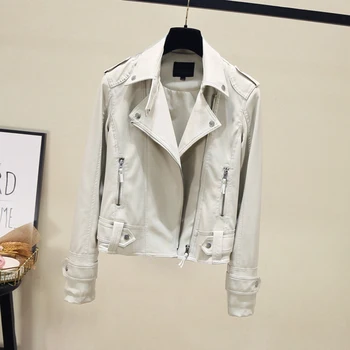 

Spring Autumn Lapel Pu Leather Jackets Woman 2020 New Korean White Leather Jacket Short Locomotive Wash PU Leather Coat Femme