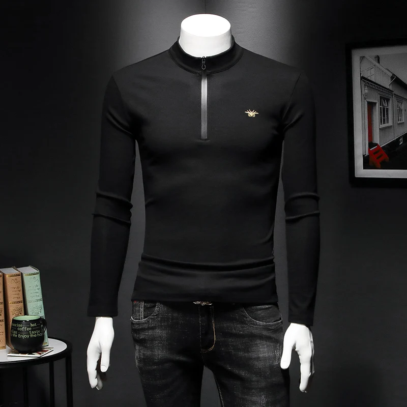 

Brand Designer Mens T-shirt 2019 Autumn Winter Zipper Half Turtleneck Collar Embroidery Long Sleeve Plus velvet Shirts C28