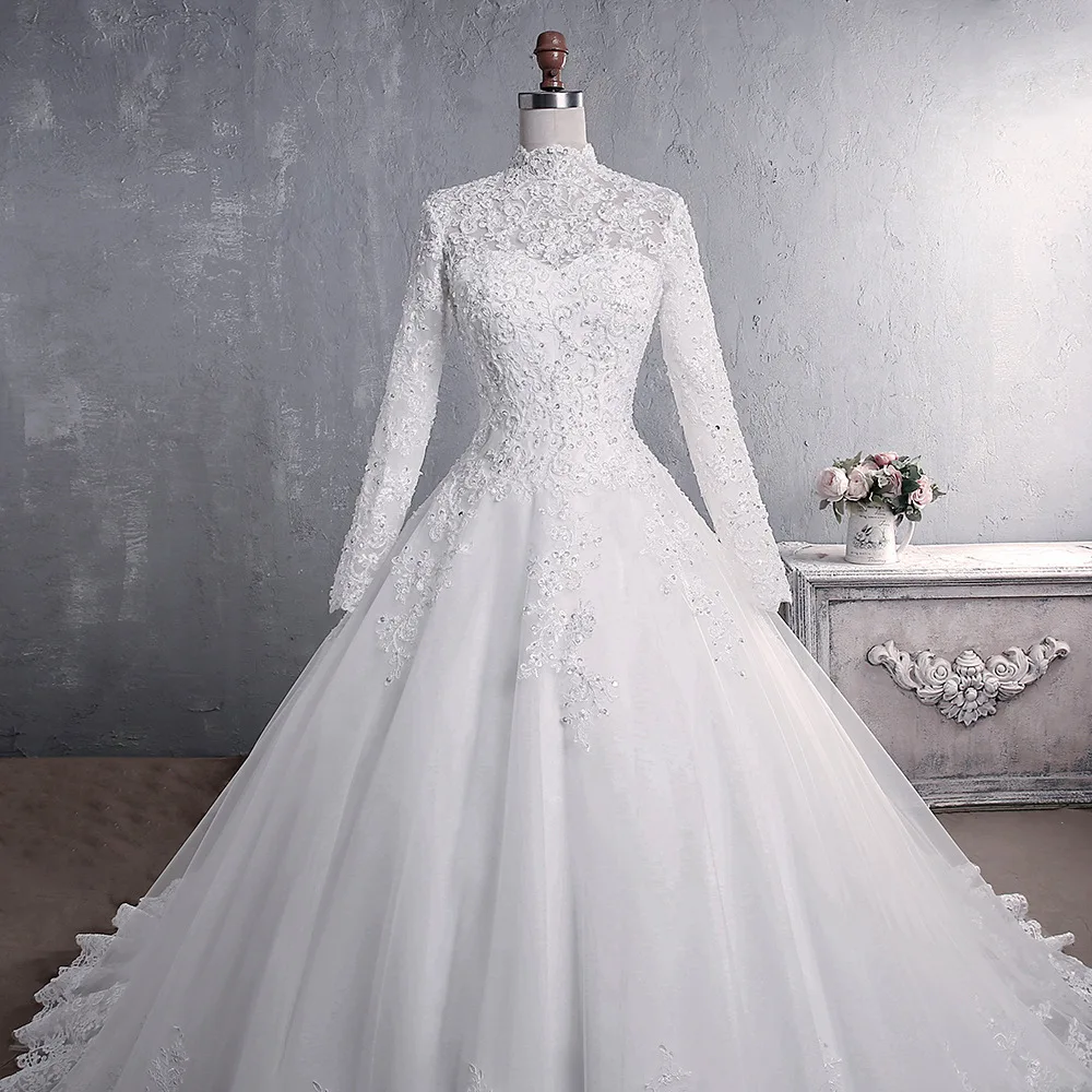 Muslim Wedding Dress 2021 Elegant High Neck With Train Princess Bride Dress Luxury Lace Embroidery Wedding Gown Vestido De Noiva