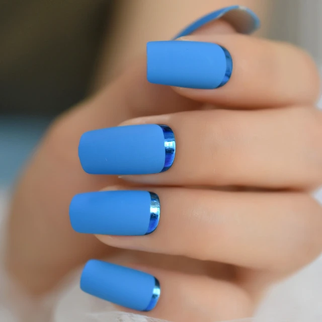 Uñas acrílicas de color azul mate, puntas falsas francesas de cromo Moo, uñas  acrílicas de longitud media a la moda, venta al por mayor _ - AliExpress  Mobile