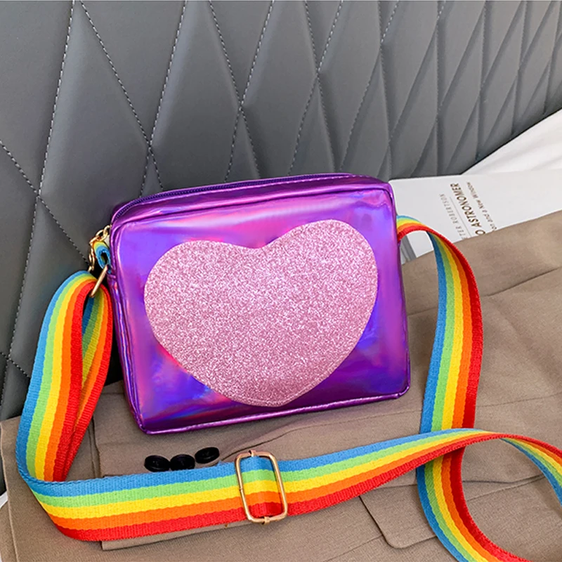 Rainbow Love-Mini monedero para niñas pequeñas, pequeño bolso de hombro cuadrado para niños, de cuero PU, cruzado