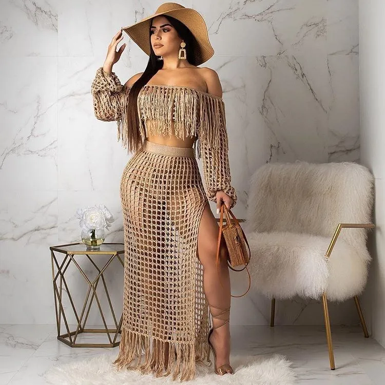 

Women Summer Mesh Grid See Though Tassel Off Shoulder Two Piece Sets Short Crop Top Side Split Maxi Skirts 2 Piece Set