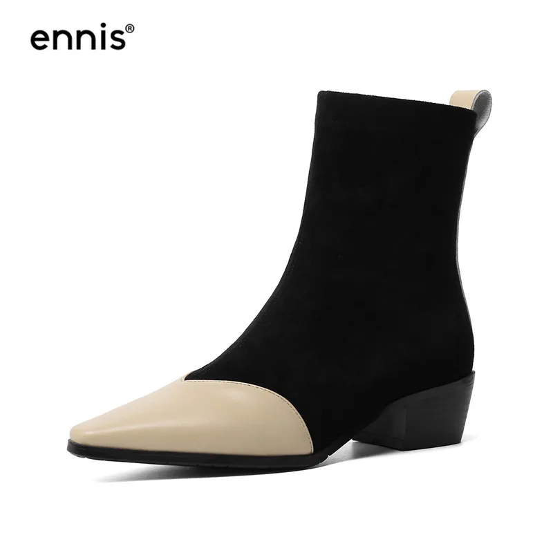 

ENNIS Brand Stretch Boots Women Pointed Toe Genuine Leather Ankle Boots Chunky Heel Boots Autumn Fashion Zip Ladies Shoes A9186