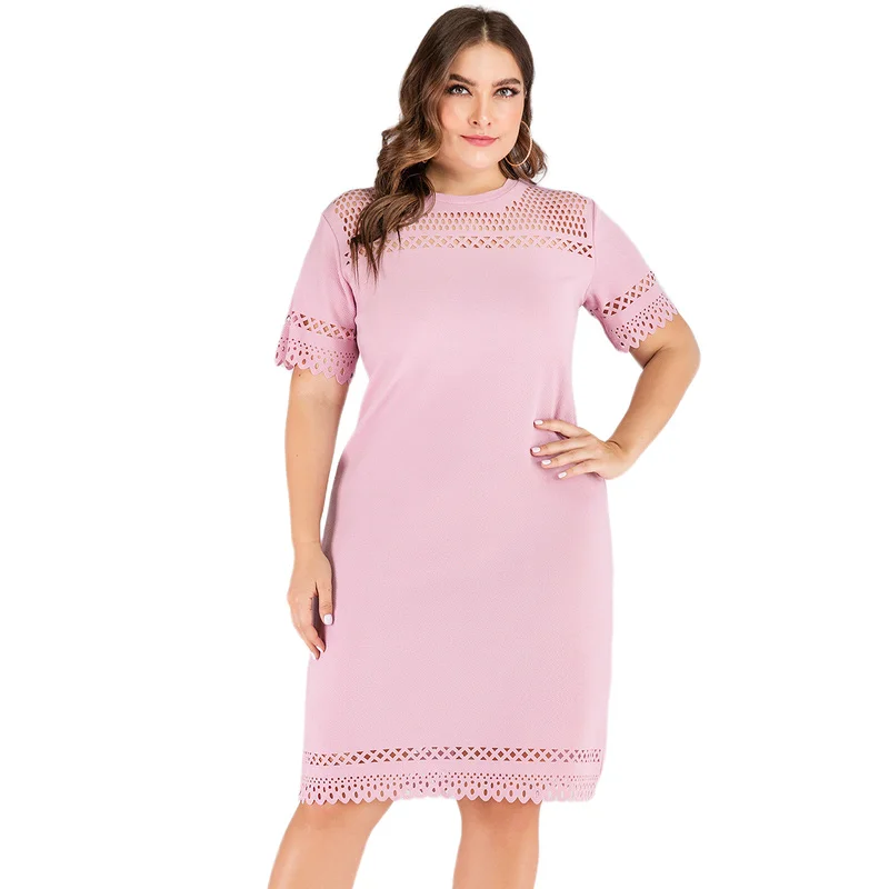 

Plus Size Pink Elegant Dresses Yoke Dresses Hollow out knee length women dresses elegant dress for ladies pink vestidos for OL