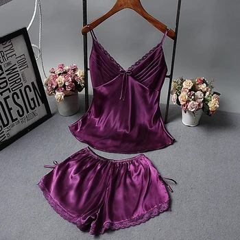 

Women Nightwear Home Wear Sexy Solid Female Sleepwear 2 PCS Shirt&Shorts Pajamas Set Casual Lace Purple Trim Intimate Lingerie