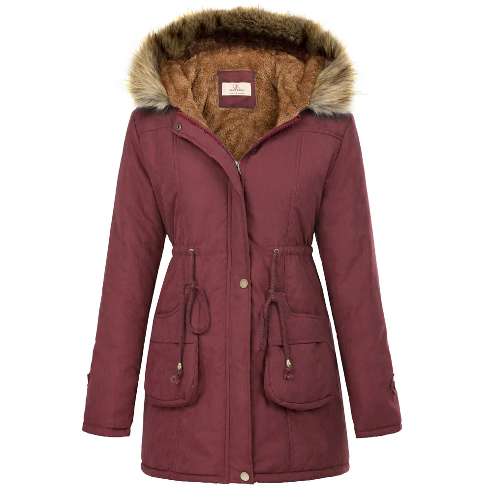 

Women Winter Coat Casual Solid Color Leopard Pocket Zipper Long Parkas Tops Hooded Warm Thicken Fleece Lined Coat Outerwear Lady