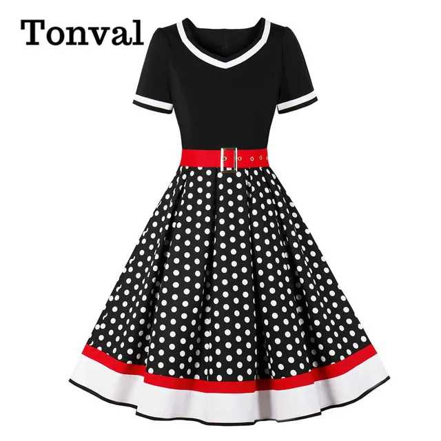 Tonval Vintage 50s Ladies Floral Pleated Plus Size 3XL 4XL Rockabilly Dress Women High Waist Pinup Elegant Dresses with Belt 4