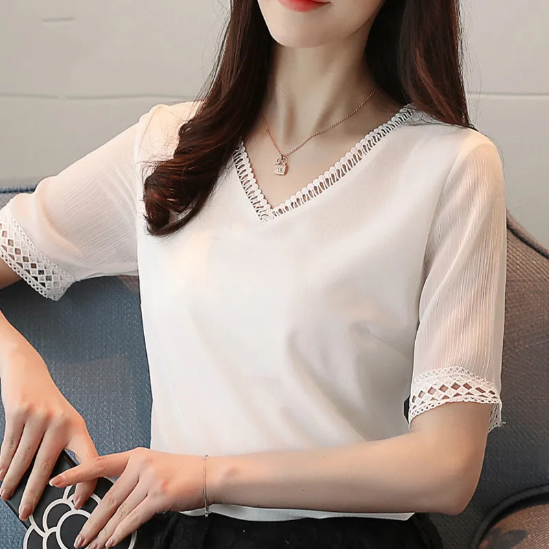 Novas blusas de с коротким рукавом moda verAo renda sOlida шифоновые блузы женские Топы повседневные женские roupas doce