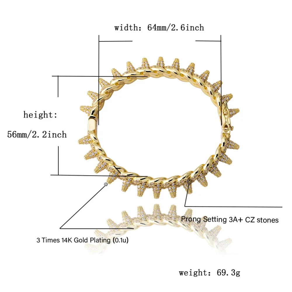 Jinao заклепки-шипы Браслеты класса люкс цепи из нержавеющей стали кубический циркон браслеты круглый кубинской в стиле хип-хоп ювелирные изделия для Для мужчин