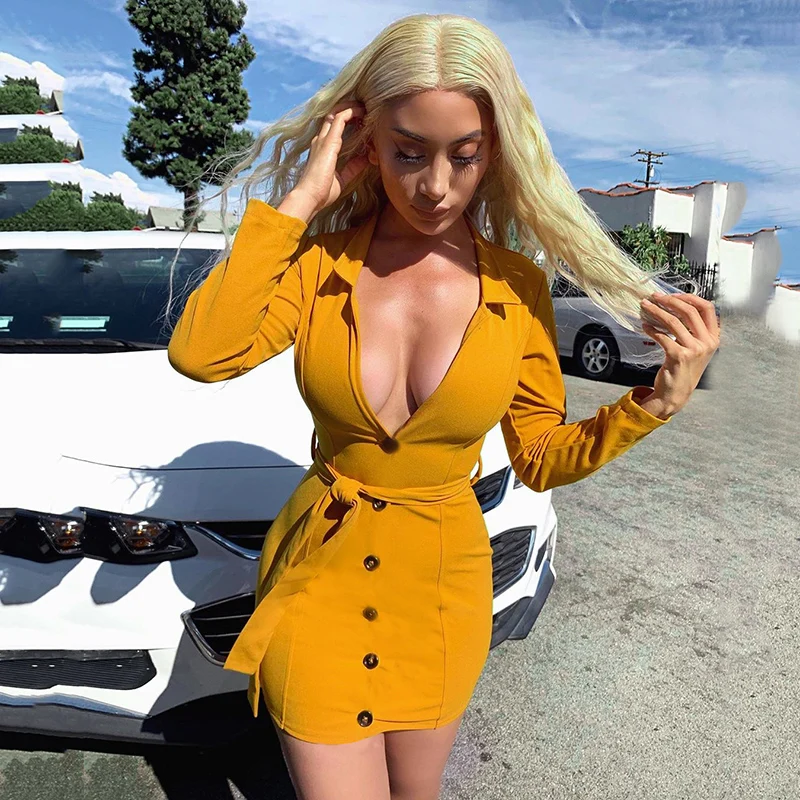 

Women Long Sleeve Casual Pencil Dress Lapel V Neck Buttons Dress Solid Color Bodycon Dress with Belt