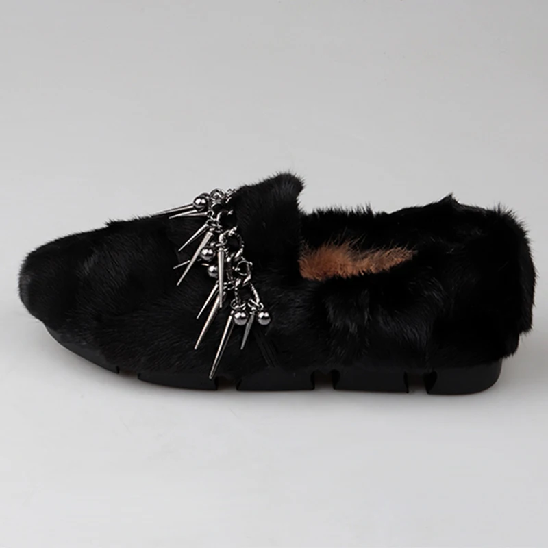 Зимняя Теплая обувь на плоской подошве с мехом норки; Плюшевые мокасины ручной работы с заклепками