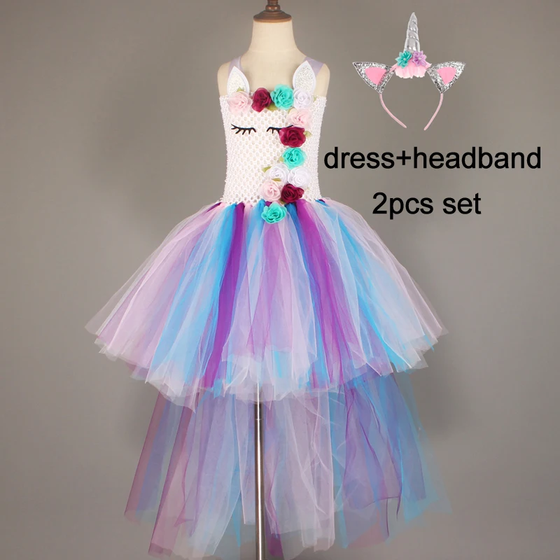 dress and headband Платье-пачка с цветочным рисунком и единорогом для девочек, с повязкой на голову и крылышками, нарядное платье с единорогом для дня рождения костюм на Хэллоуин - Цвет: dress and headband