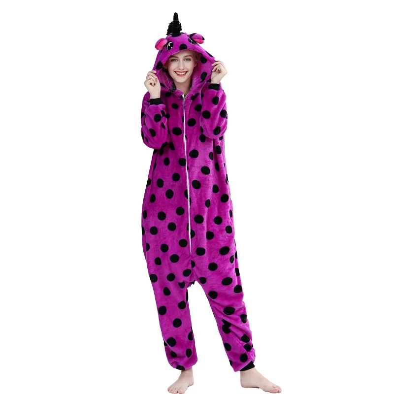 Kigurumi, зимняя теплая Пижама с единорогом, с капюшоном, для взрослых, комбинезон totoro Panda, Покемон, Ститч, пижама, комбинезон, одежда для сна - Цвет: Purple point zipper