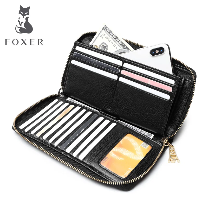 Женский кошелек FOXER 256001F из воловьей кожи удлиненный клатч с ремешком на руку