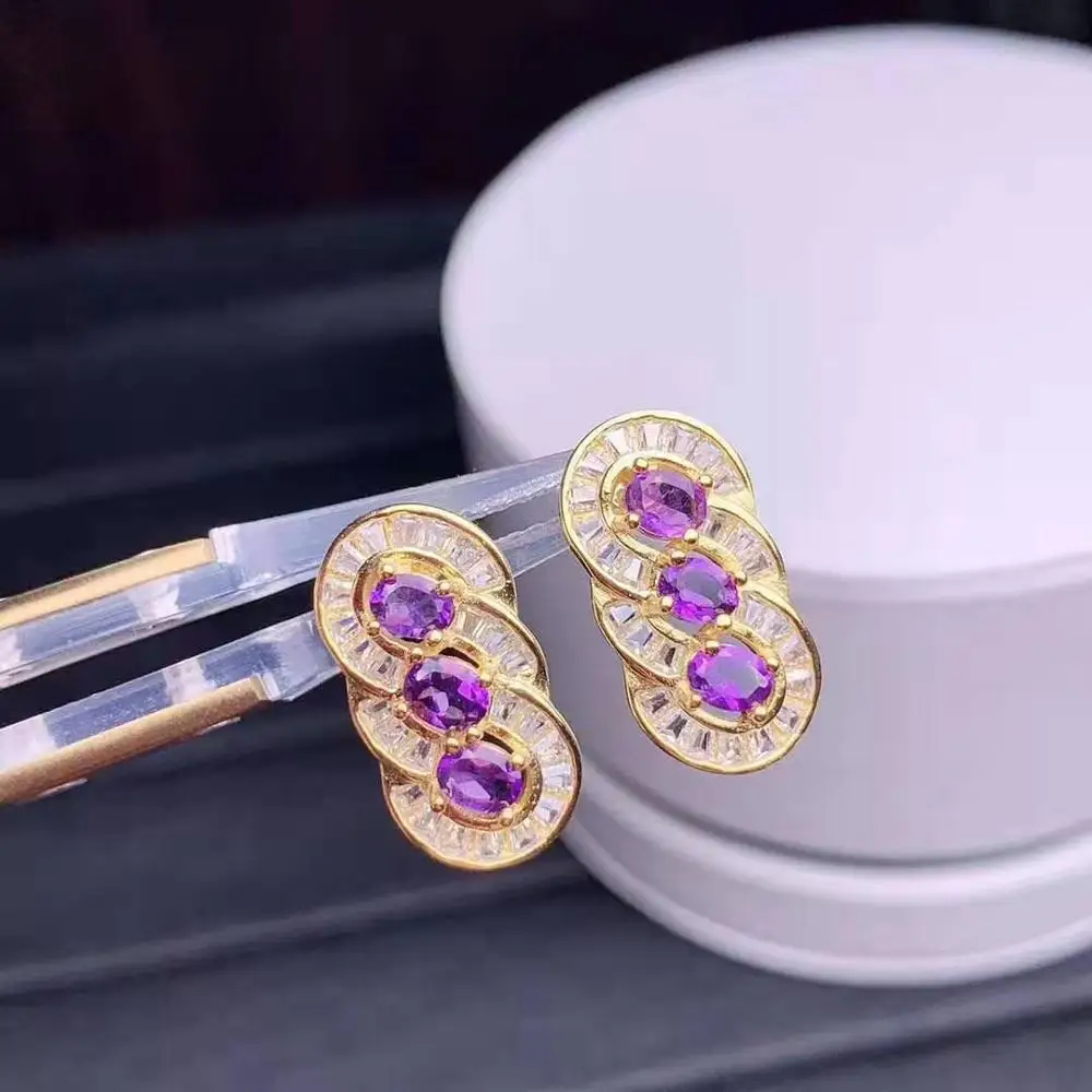 Серьги из серебра 925 пробы с натуральным аметистом, простые и модные для женщин