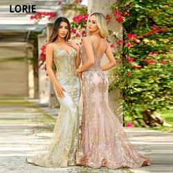 LORIE Tulle Mermaid Evening Dresses Sexy Spaghetti Straps V-Neck Prom Gown Party Dress Sparkly Crystals Appliques Abendkleider