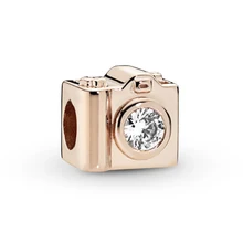 Бусины из стерлингового серебра 925 Розовое золото камера талисман с прозрачными CZ Fit Pandora браслет DIY женские ювелирные изделия
