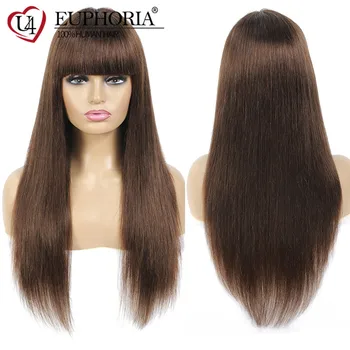 

Brazilian Straight Middle Brown Color 4 Wigs Full Machine Made Remy Human Hair Wigs With Bangs 27 30 33 Red Wigs 8-28In EUPHORIA