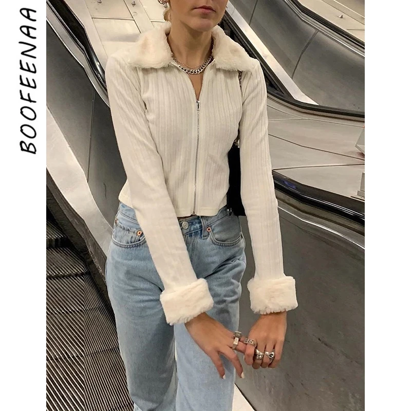BOOFEENAA-suéter de punto con cremallera para mujer, Rebeca Sexy ajustada de piel sintética con cuello hacia abajo, Top corto de manga larga, chaqueta C94-CC25